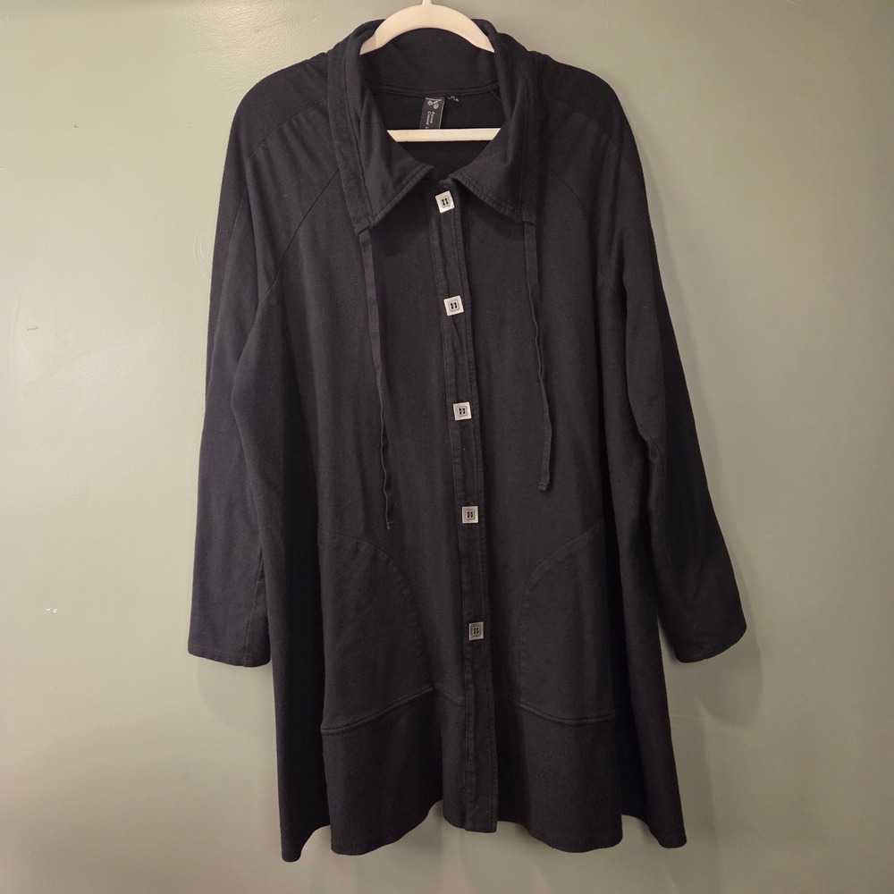 Focus Women's Mixed Media Jersey Knit Button Up Jacket Black Size XL Artsy